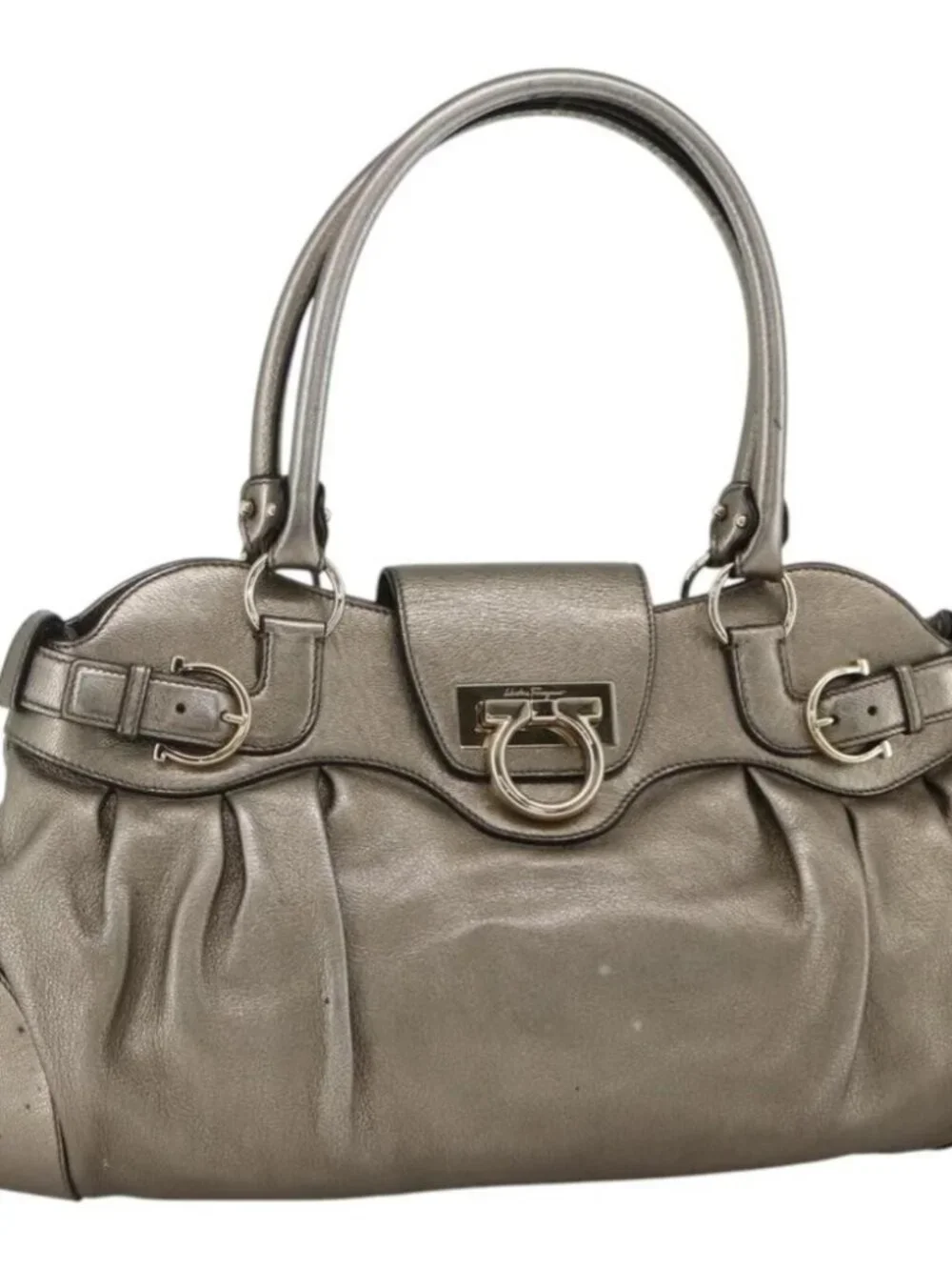 Salvatore Ferragamo Gancini Hand Bag Leather Gold Silver Auth BA11899